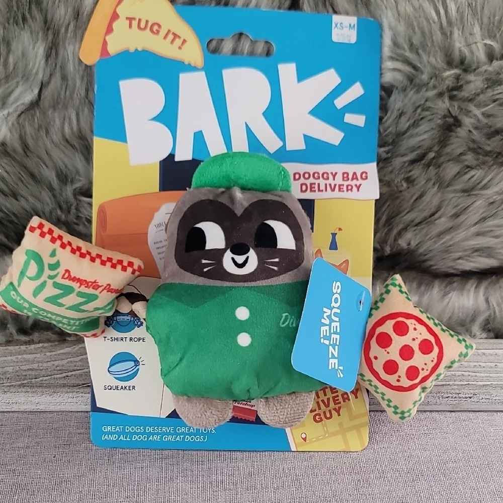 Bark Green Raccoon and Pizza Dog Toy Set
